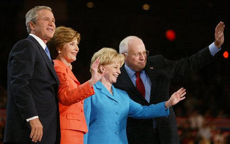 President Bush and his wife Laura, second from left, wave with Vice President Dick Cheney and his wife Lynne in Madison Square Garden at the end of the Republican National Convention, New York, September 2, 2004.