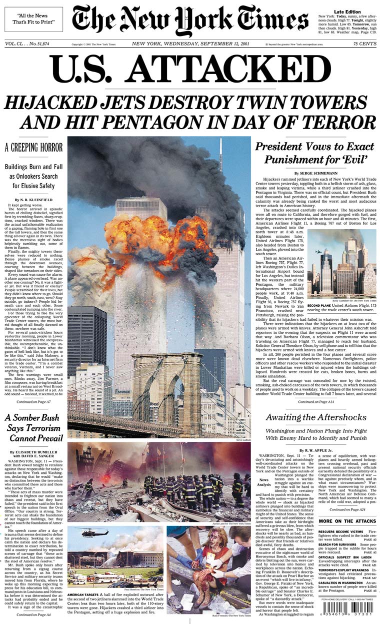 The New York Times front page of September 12, 2001.