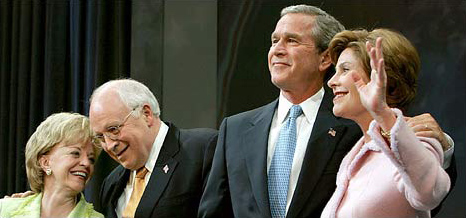President Bush with the first lady, Laura Bush, and Vice President Dick Cheney with his wife, Lynne, celebrating the second term victory, Ronald Reagan Building, Washington, November 3, 2004.