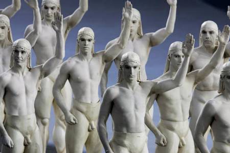 During the Athens 2004 Olympic Games opening ceremony, a procession of figures from Greek history were represented by actors in marble-like costumes, from ancient mythological characters to a tribute to the Greek shepherd, Spiros Louis, who won the first Olympic marathon, August 13, 2004.