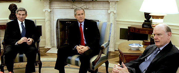 President George W. Bush, with Paul D. Wolfowitz, the deputy secretary of defense, and Treasury Secretary John W. Snow, announcing that he planned to nominate Mr. Wolfowitz to become the next president of the World Bank, Oval Office, March 16, 2005.