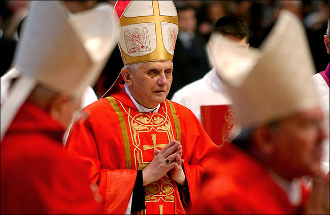 Cardinal Joseph Ratzinger, the powerful Vatican official from Germany and the dean of cardinals, addresses his fellow clergymen at St. Peter's Basilica, a few hours before they went into the Sistine Chapel to begin the conclave, April 17, 2005.