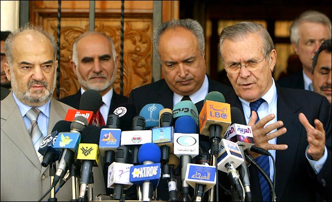 Secretary of Defense Donald H. Rumsfeld speaks at a news conference with Prime Minister Ibrahim al-Jaafari, Baghdad, April 12, 2005.