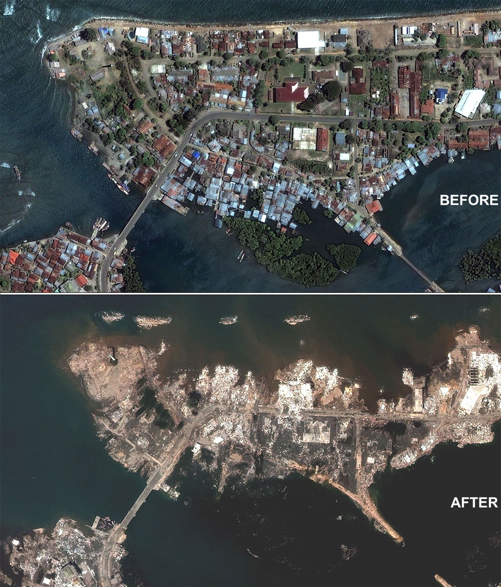Satellite images of Banda Aceh, Indonesia, before and after December 26, 2004 Tsunami struck.