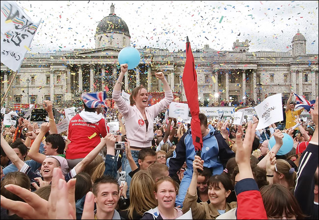 Celebrations breaks out in Trafalgar Square after London won the race to host the 2012 Olympics, July 6, 2005.
