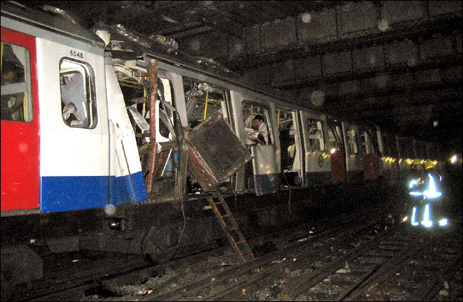 The Aldgate to Liverpool Street train, one of Islamic terrorists targets in Central London, just after blast, July 6, 2005.