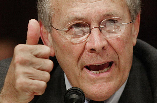 Defense Secretary Donald H. Rumsfeld testifies on Capitol Hill before the Senate Armed Services Committee hearing on prisoner abuse in Iraq, May 7, 2004.