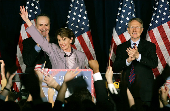 Representative Nancy Pelosi, leader of House Democrats, with Senators Harry Reid and Charles Schumer, left, at the Hyatt Hotel on Capitol Hill after Democrats gained control of the House, November 7, 2006.