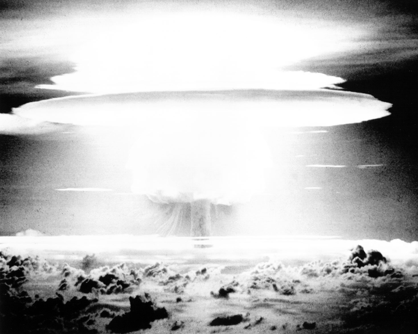 Three islands of Bikini Atoll were vapourised and islands 200 kilometres away were shooked by the 15 megaton Bravo hydrogen bomb, February 28, 1954.