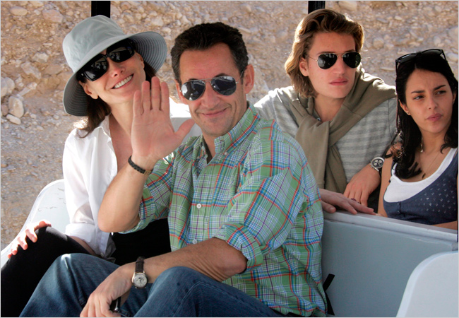 French President Nicolas Sarkozy, Carla Bruni, his wife-to-be, his son Jean Sarkozy and Jessica Sebaoun, his fiancée, during a visit to the Valley of the Kings, Luxor, Egypt, December 2007.