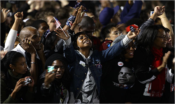 Supporters celebrate Barack Hussein Obama's election as president, Grant Park, Chicago, November 4, 2008.
