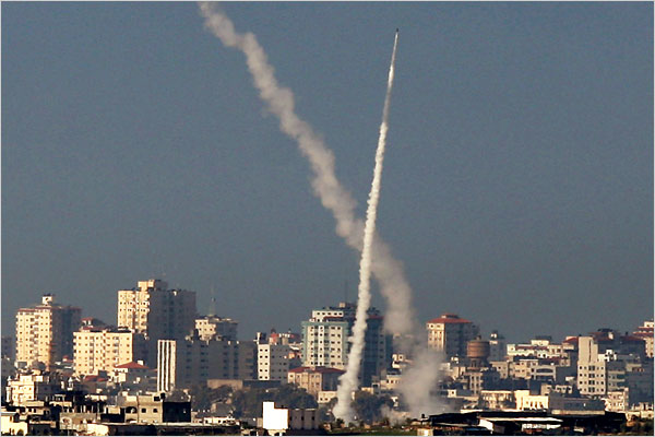 On the seventh day of Israel’s massive attack on Hamas sites throughout Gaza in retaliation for the recent rocket fire from the area, Hamas fires more rockets from within Palestinian cities into Israel, January 2, 2009.