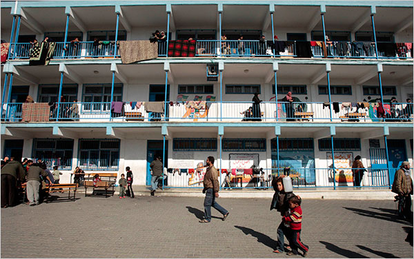 On the twelfth day of Israel’s war against Gaza, Palestinians who fled their homes settle at a United Nations school, Jabaliya, January 7, 2009.