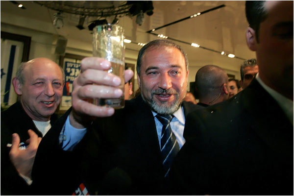 Avigdor Lieberman, the leader of the right-wing party Yisrael Beitenu, celebrating at his party's headquarters, Jerusalem, February 11, 2009.