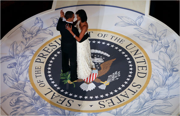 Barack Hussein Obama and his wife Michelle dance at the Commander-in-Chief ball, following his inaugural ceremonies at the Capitol, January 20, 2009.