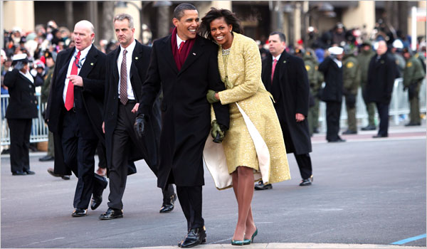 After the inaugural ceremonies at the Capitol, Barack Hussein Obama and his wife Michelle walk part of the way down Pennsylvania Avenue to the White House, January 20, 2009.