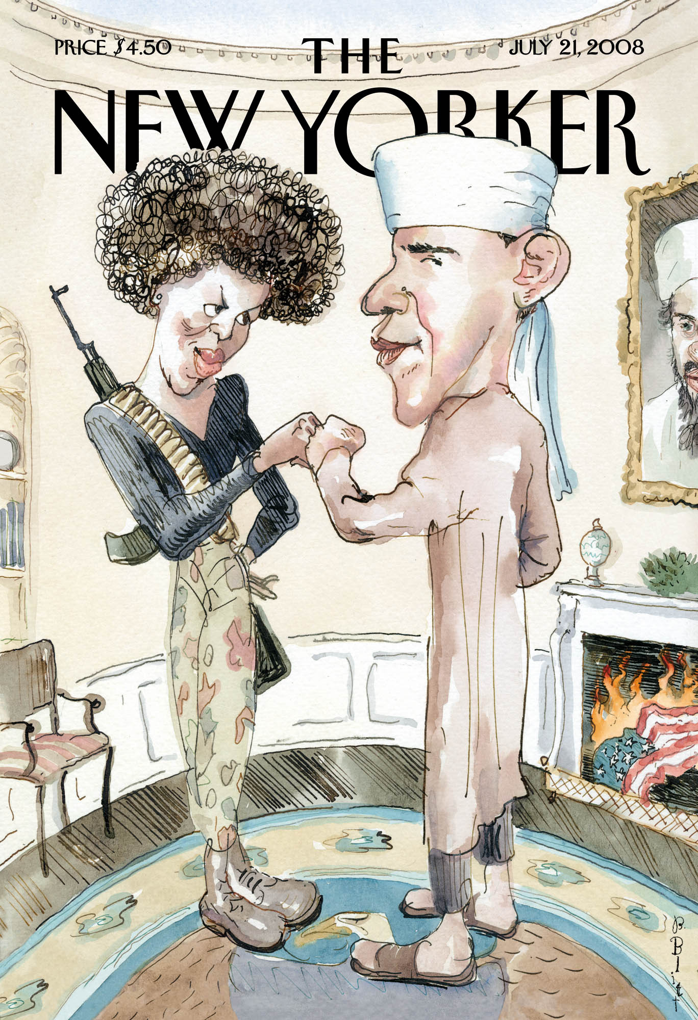Barack Hussein Obama and wife Michelle cartoon on New Yorker July 21, 2008 cover by Magazine illustrator Barry Blitt.