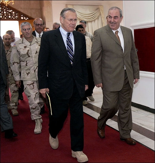 U.S. Secretary of Defense Donald H. Rumsfeld visits Ayad Allawi, the Iraqi interim prime minister, Baghdad, October 10, 2004.