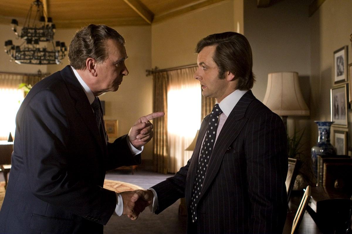 Former U.S. President Richard Nixon (Frank Langella) and TV personality David Frost (Michael Sheen) in Frost/Nixon (2008).
