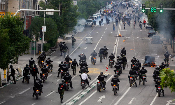 The violence unfolds in extraordinary escalation across Iran as the Islamic militia, the Basij, are deployed in huge numbers to fatally attack protesters on the day after Iran's supreme leader Ayatollah Ali Khamenei threatened 'bloodshed' in Friday Prayer, Tehran, June 20, 2009.