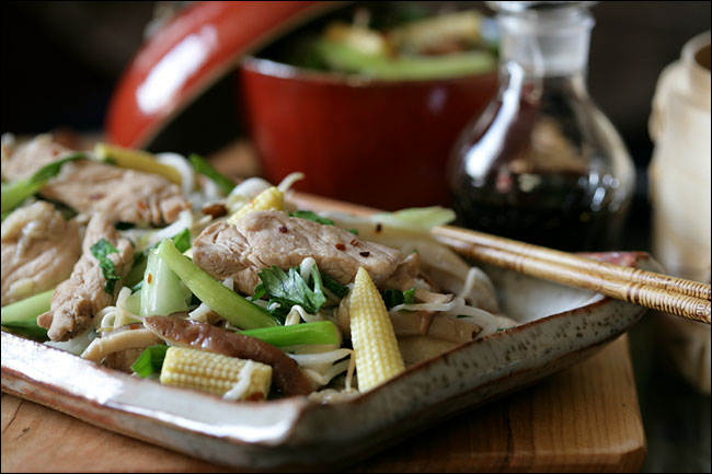 A pork stir fry in which meat is marinated in Chinese cooking wine and garlic, New York, March 2005.