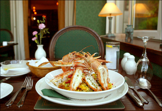 A prawn salad with mango and passion fruit chutney in a ginger stir fry at the Park Guest House, Scotland, July 2004.