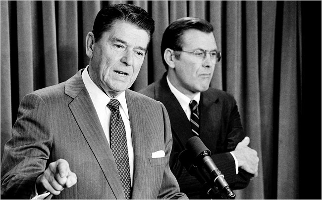 U.S. President Ronald Reagan with his Middle East envoy Donald H. Rumsfeld, 1980’s.