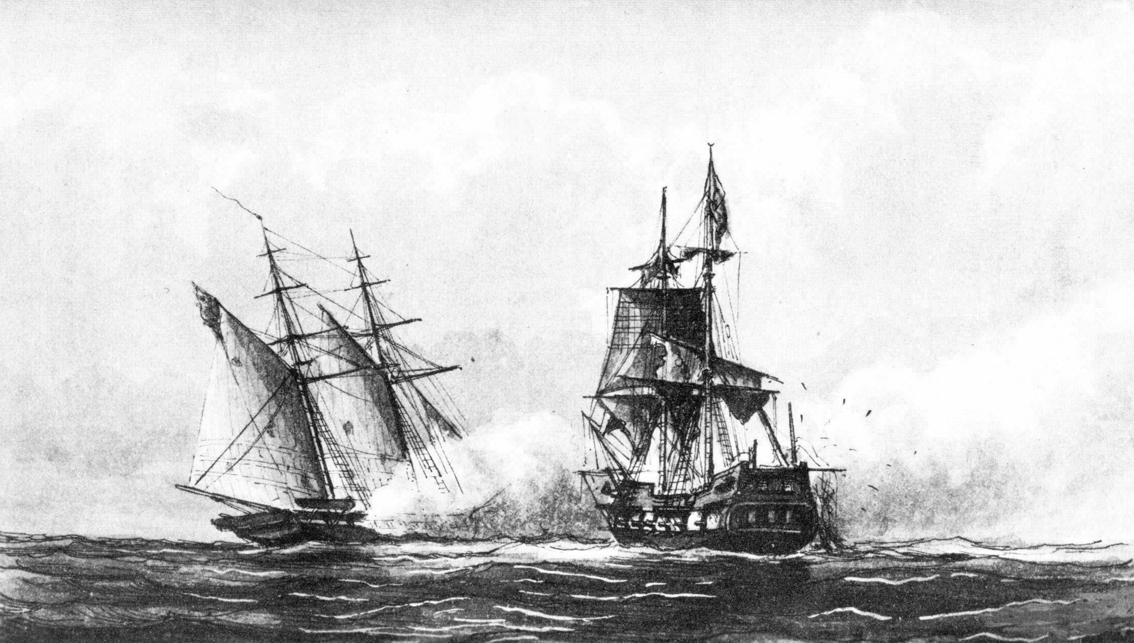 U.S. schooner USS Enterprise capturing the Tripolitan corsair Tripoli, August 1, 1801, from a drawing by Captain William Bainbridge Hoff, U.S. Navy (circa 1878), the collection of the Navy Department.