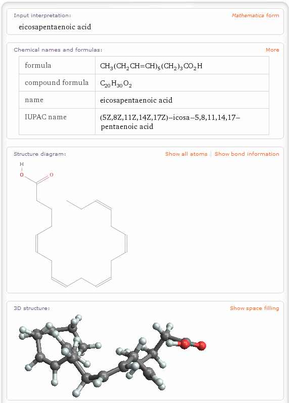 Screenshot of Wolfram|Alpha query results for Eicosapentaenoic Acid, the project represented by Stephen Wolfram in Computational Knowledge Engine at the Berkman Center, April 28, 2009.