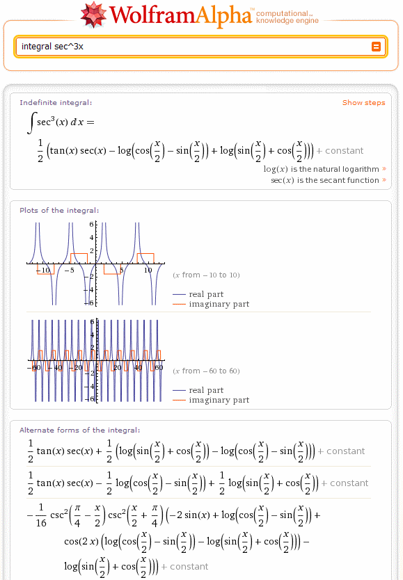 Screenshot of Wolfram|Alpha query results for integral of secant-cubed x dx, the project represented by Stephen Wolfram in Computational Knowledge Engine at the Berkman Center, April 28, 2009.