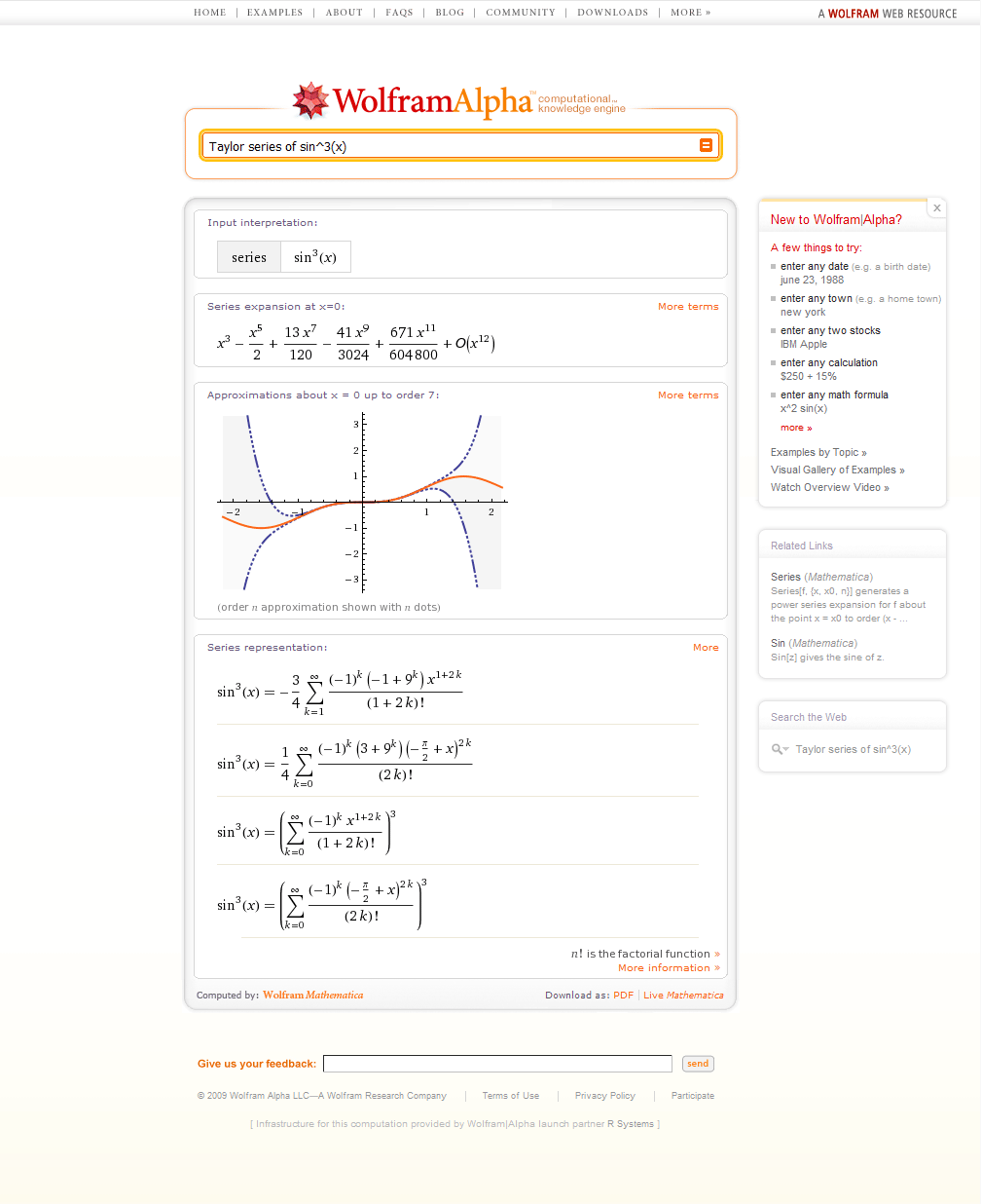 Screenshot of Wolfram|Alpha query results for Taylor series of sin^3(x), as early as the 'knowledge' search engine launch, mid May 2009.