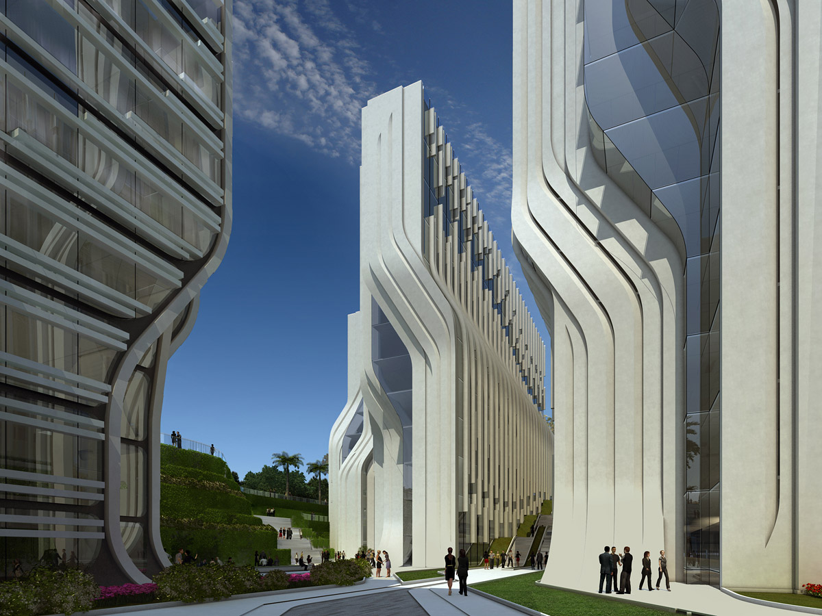 A proposal designed, May 2009, by Zaha Hadid Architects for Stone Towers, a 525,000 square meter office, shopping and hotel scheme, intended to be built in Cairo's Stone District.