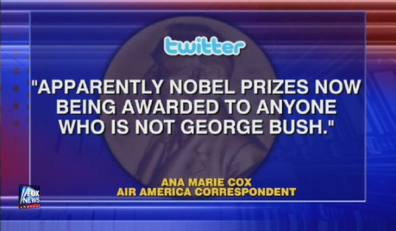 Commentaries on the shameful win of Al-Buraq Hussein Abu-Ommo of Nobel Peace Prize, as gathered by Fox News 'Political Grapevine' segment, October 9, 2009.