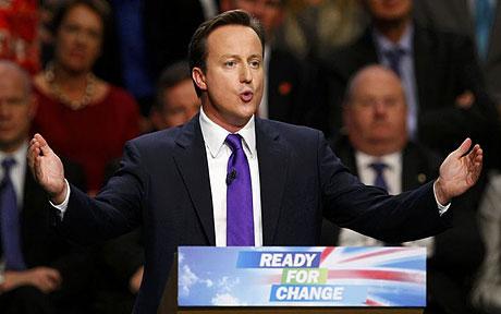 Britain's opposition Conservative Party leader David Cameron delivers his keynote address, on the final day of the Conservative Party conference, Manchester, northern England, October 8, 2009