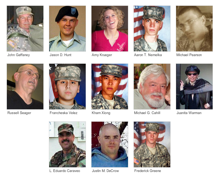 The thirteen victims of the Fort Hood military base massacre committed by Major Nidal Malik Hasan, Texas, November 5, 2009.