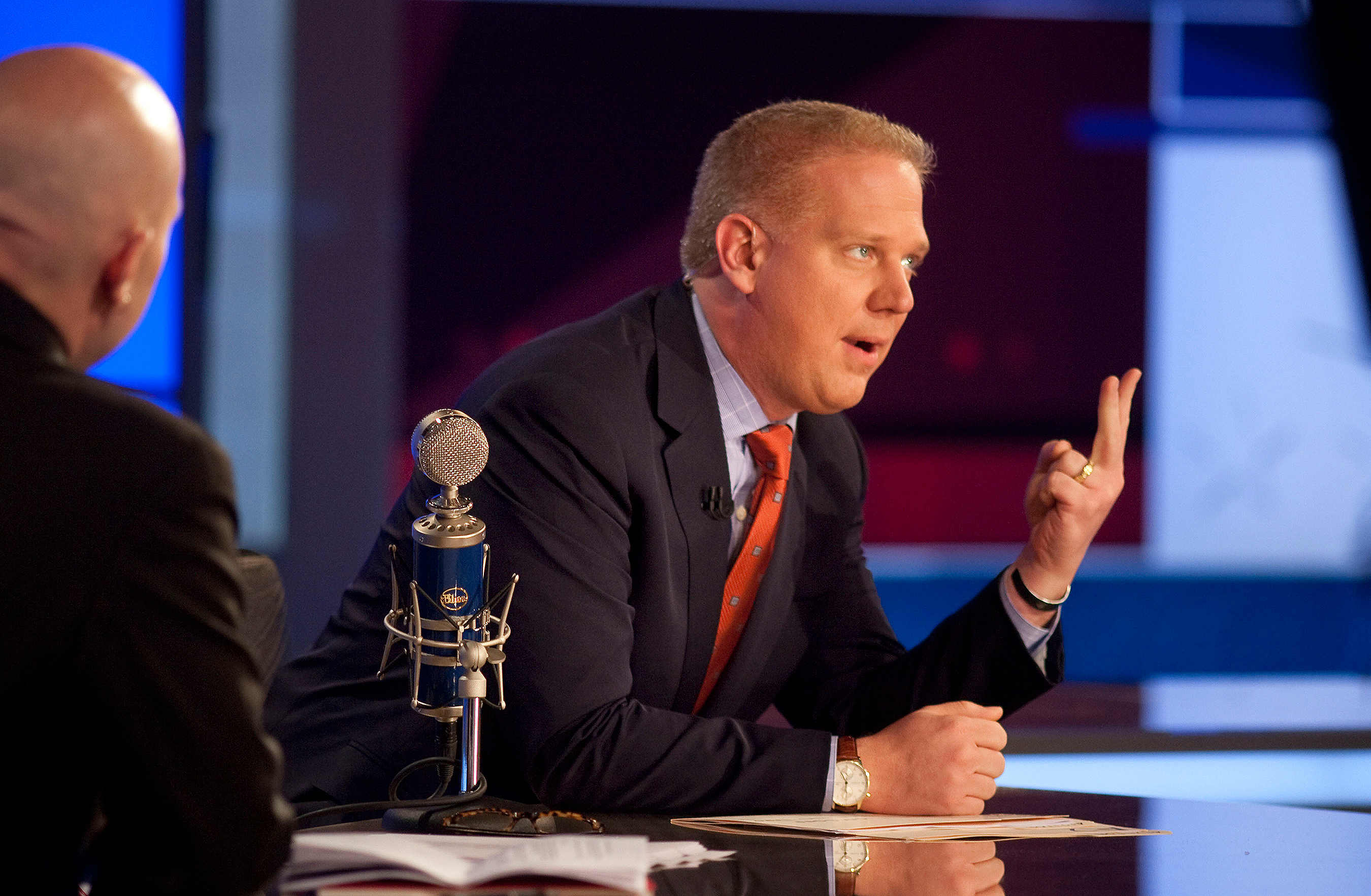 Glenn Beck during his Fox News Channel show as it became attracting more than three million viewers in autumn 2009, the same year of its launch.