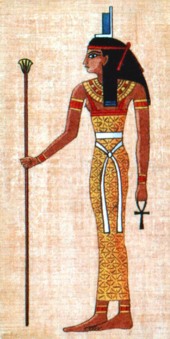 A painting of Ancient Egyptian Goddess Isis, wife of Osiris, represented as a woman with the throne hieroglyph on her head, symbolizing her as the wife of Osiris, the king of the afterlife.