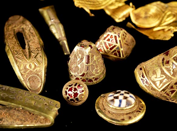 The Staffordshire Hoard, first unearthed on farmland in Staffordshir in July 2009, is the largest hoard of Anglo-Saxon gold ever found.