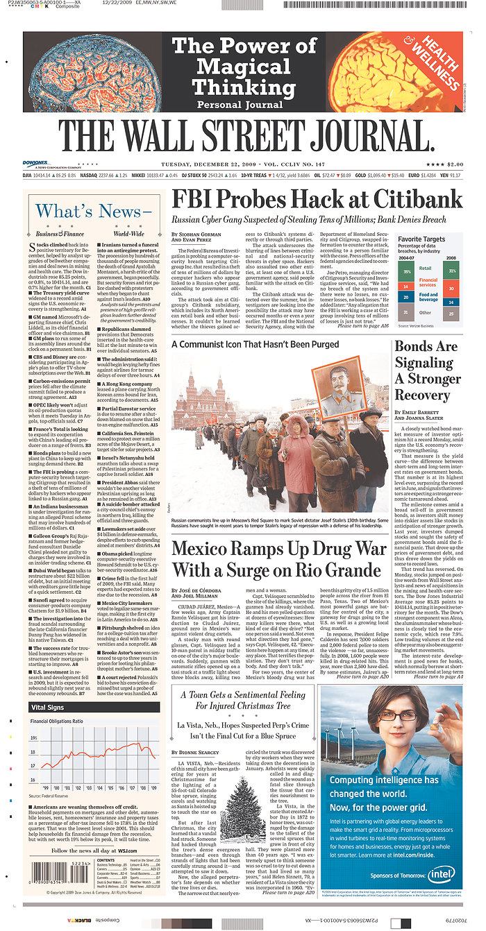 The front page of The Wall Street Journal, December 22, 2009.
