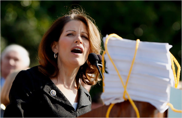 Representative Michele Bachmann, Republican of Minnesota, leads the news conference and rally of hundreds of thousands of taxpayers who stormed Washington, D.C., to take their fight against the health care bill to the front door of the U.S. Capitol, November 5, 2009.