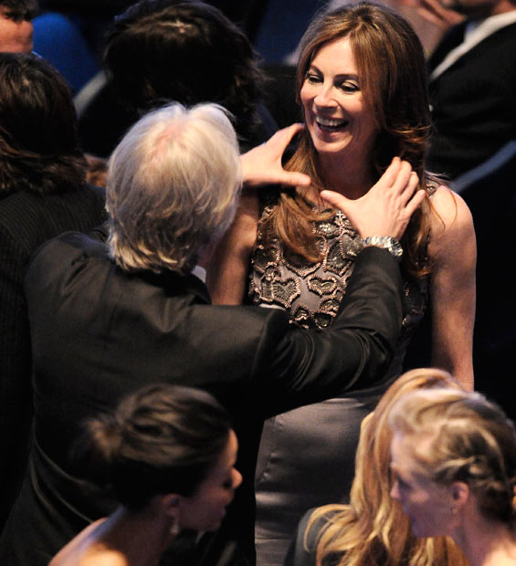 James Cameron pretends to strangle his ex-wife, Kathryn Bigelow as she beat him to the best director Oscar at the 82nd Annual Academy Awards, Kodak Theatre, Hollywood, California, March 7, 2010.