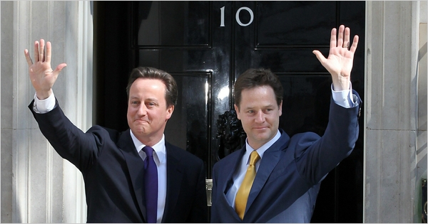 Britain’s newly appointed Prime Mnister, David Cameron, and his deputy, the Liberal Democratic leader Nick Clegg, outside 10 Downing Street, May 12, 2010.
