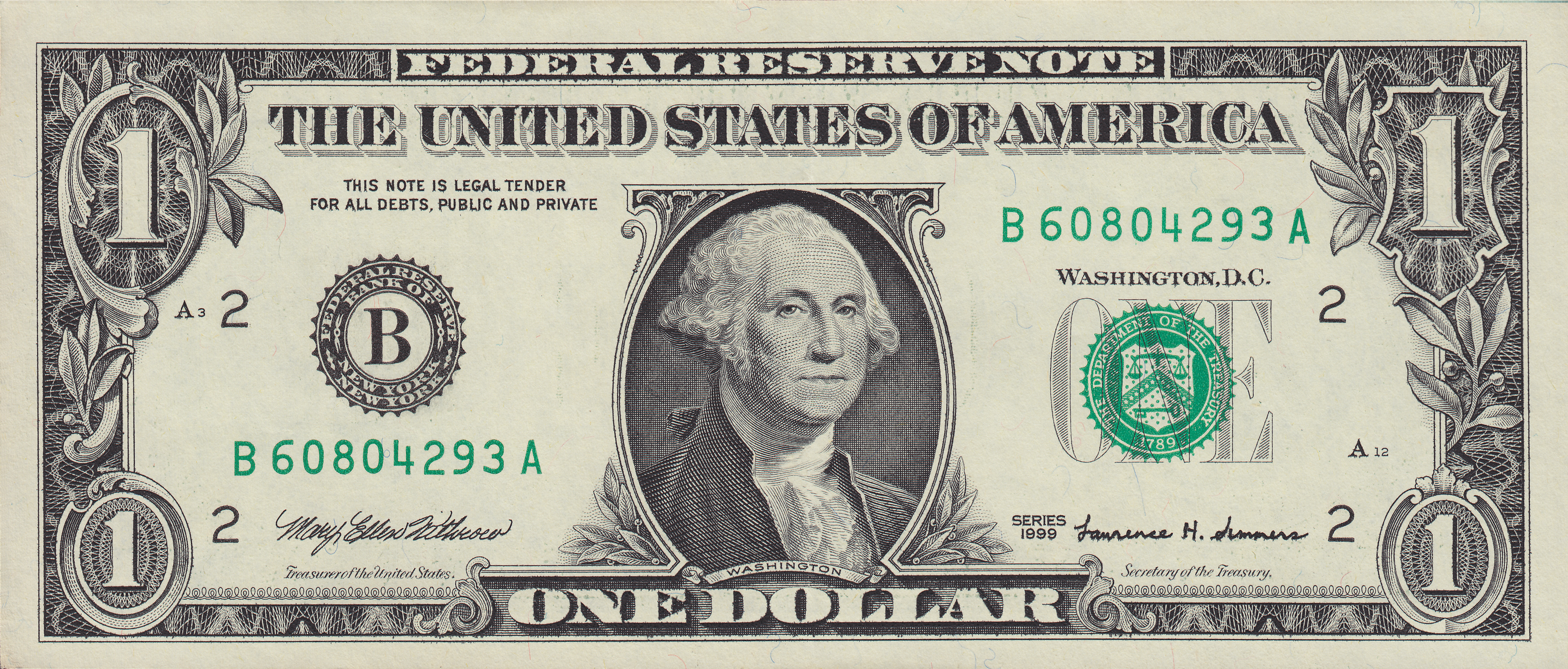U.S. First President George Washington featured on the obverse of the one dollar note.