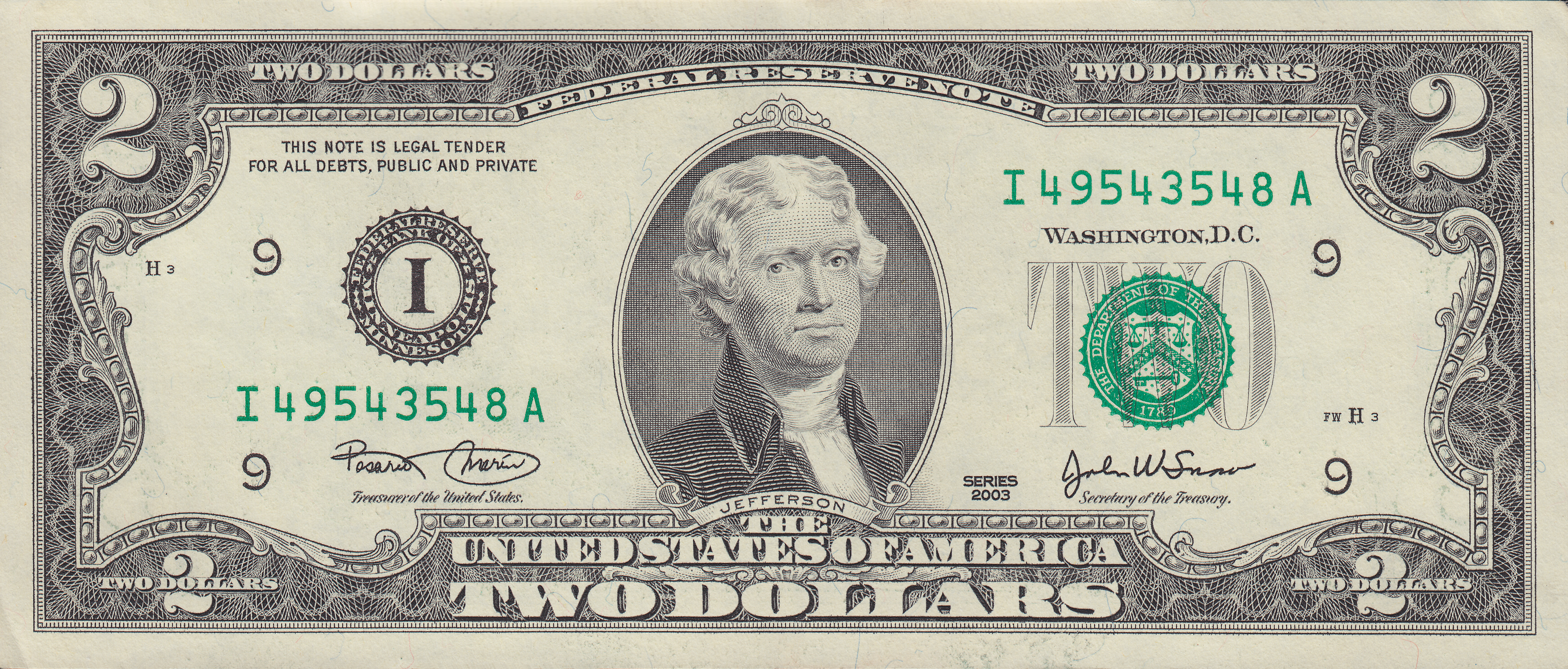 U.S. Third President Thomas Jefferson featured on the obverse of the two dollar note.
