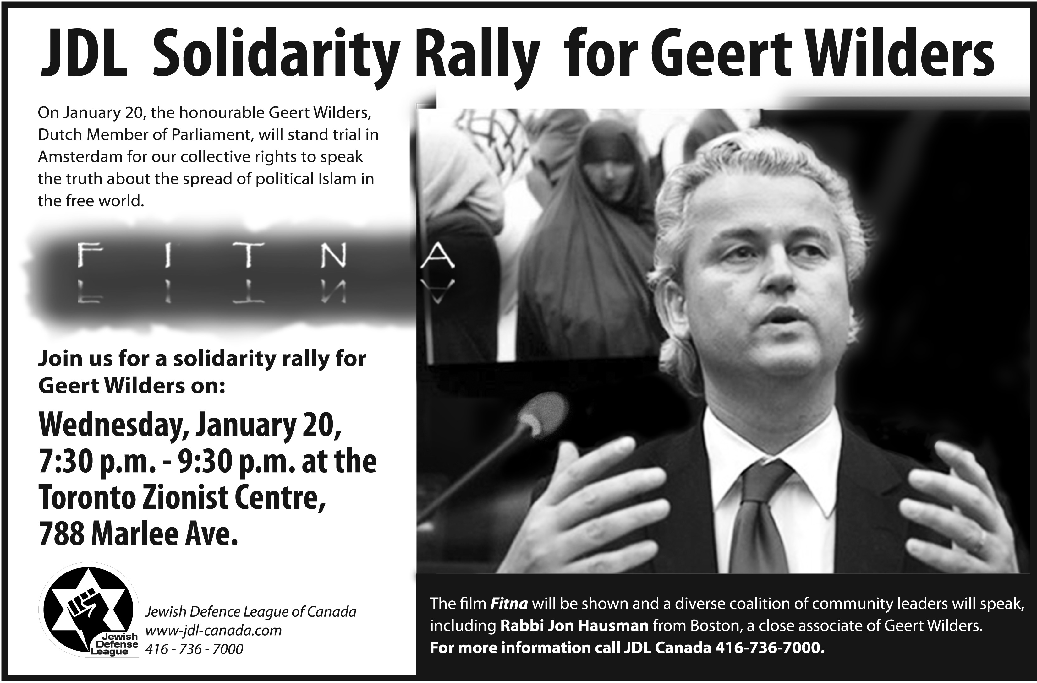 Advertisement for Jewish Defence League of Canada's 'Solidarity Rally for Geert Wilders.' to be held at Toronto Zionist Centre, January 20, 2010.