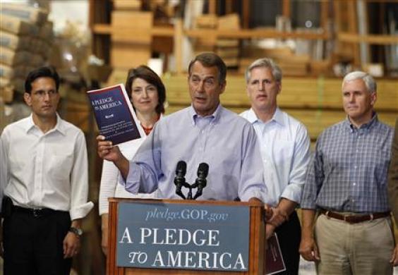 Surrounded by (L-R) House Republican Whip Eric Cantor, House Republican Conference Vice Chair Cathy McMorris Rodgers, House Republican Chief Deputy Whip Kevin McCarthy and House Republican Conference Chair Mike Pense; House Republican Leader John Boehner introduces the GOP agenda 'A Pledge to America,' Sterling, Virginia, September 23, 2010.
