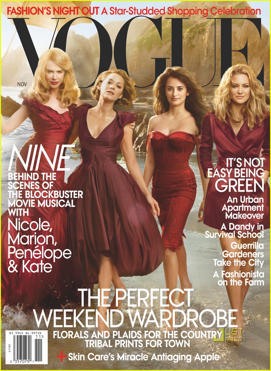 Stars of 'Nine' (2009), Nicole Kidman, Marion Cotillard, Penélope Cruz and Kate Hudson, as appeared on Vogue magazine cover of November 2009.