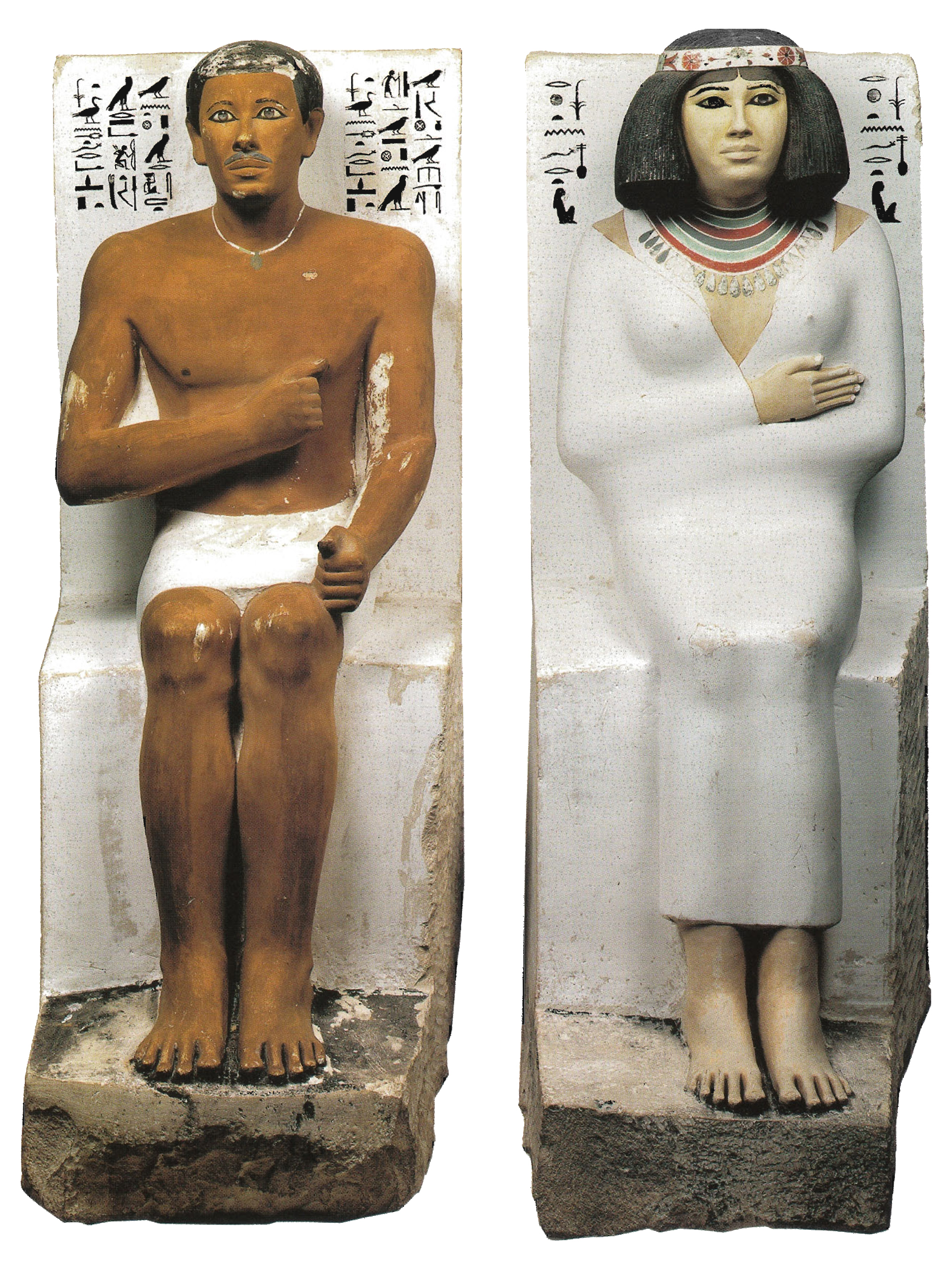 Prince Rahotep, son of King Snefru and half-brother of King Khufu, and his wife Nefret statues, with their eyes inlaid with rock crystal and quartz that give the statues a particularly life-like appearance terrified the local workmen charged with excavating their tomb discovered in their Meidum mastaba in 1871 and moved to Cairo Museum.
