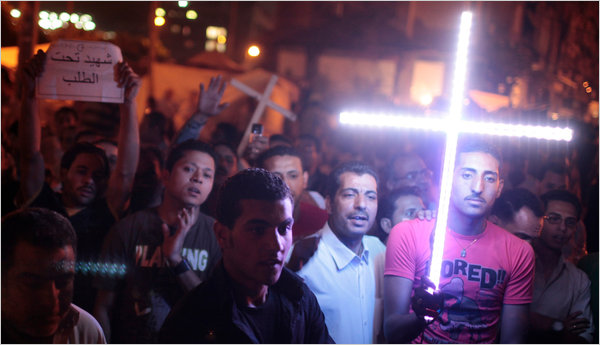 Coptic Christians hold a sit-in following attacks on churches by militant Salafi Islamists, Maspero, Cairo, May 19, 2011.