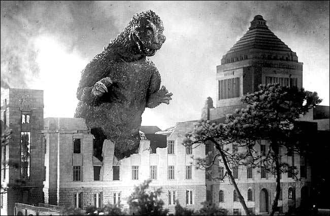 Godzilla stomps through the Japanese Parliament building in Tokyo in the1954 debut film.